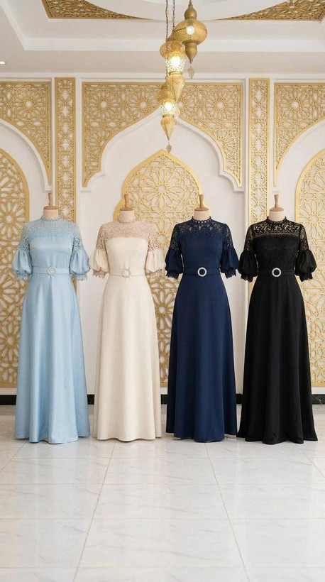 پیراهن مجلسی (ملینا) جنس کرپ مازراتی درجه یک و گیپور مخمل قد ۱۴۵ سانت از سرشانه